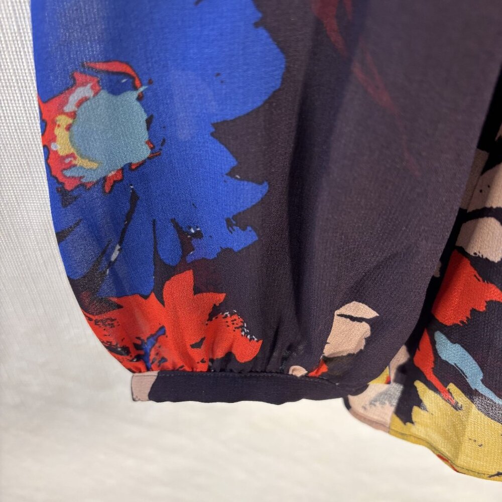 Cabi Floral Long-Sleeve Sheer Blouse With Tie Neck & Elastic Cuffs Womens Size M - Picture 5 of 10